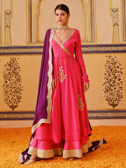 Floral Zari & Cutdana Hand Embroidered Anarkali Kurta with Palazzo & Dupatta - Pink