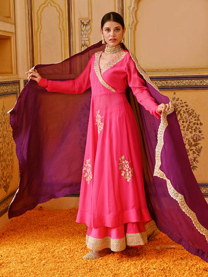 Floral Zari & Cutdana Hand Embroidered Anarkali Kurta with Palazzo & Dupatta - Pink