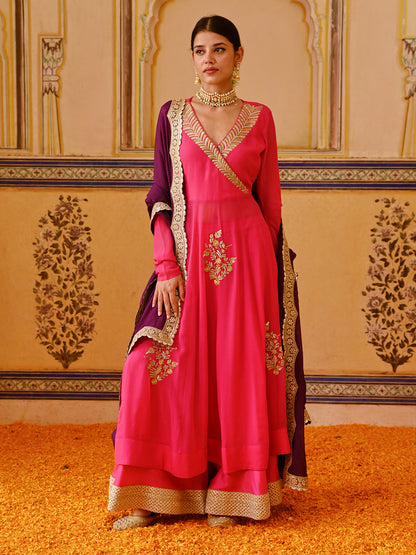 Floral Zari & Cutdana Hand Embroidered Anarkali Kurta with Palazzo & Dupatta - Pink