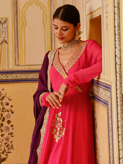 Floral Zari & Cutdana Hand Embroidered Anarkali Kurta with Palazzo & Dupatta - Pink