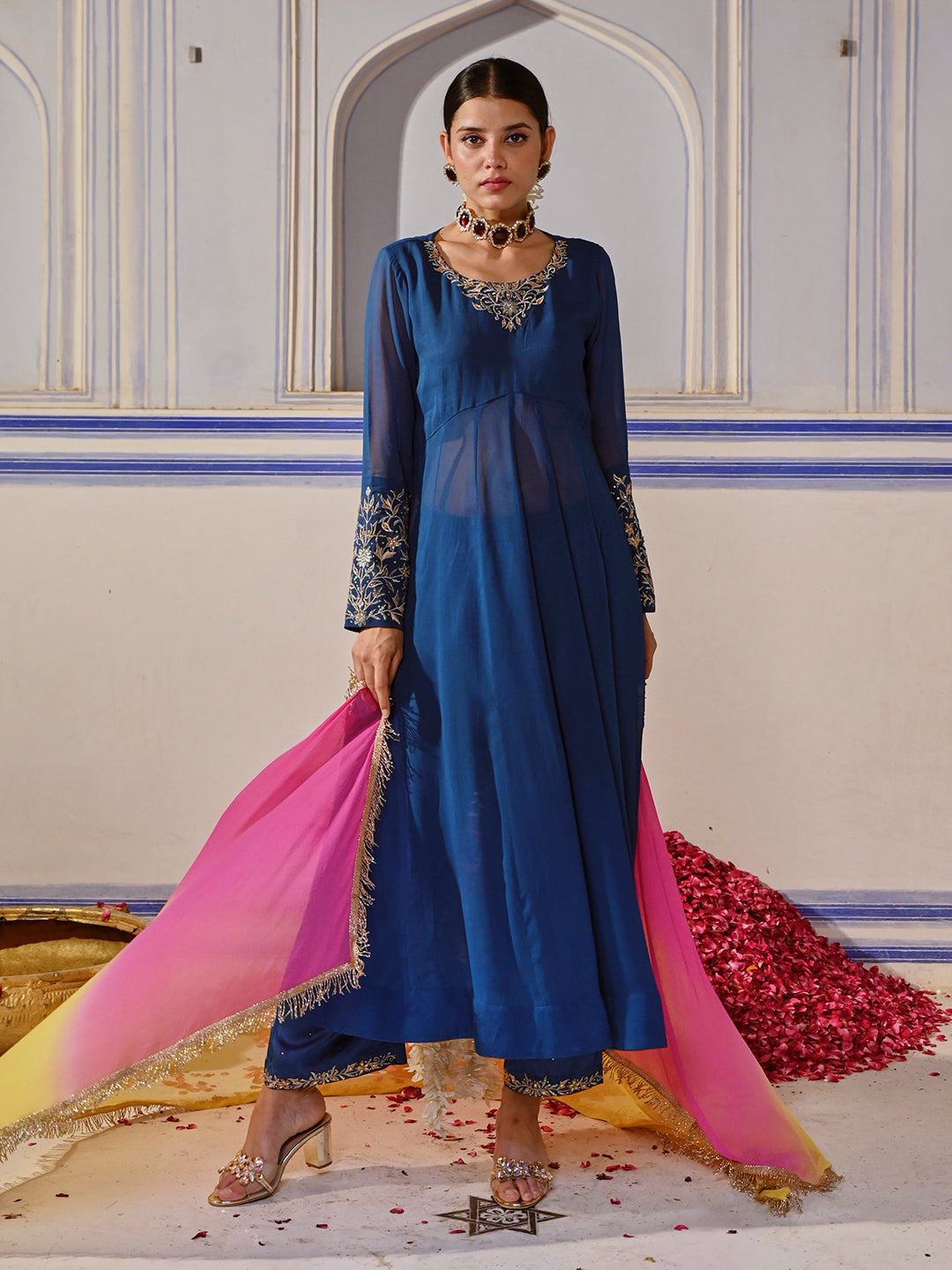 Ethnic Embroidered Anarkali Flared Kurta with Palazzo & Dupatta - Blue