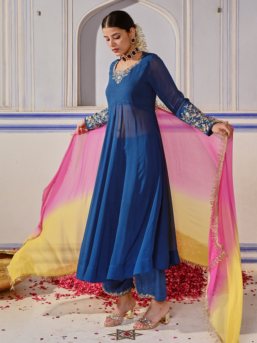 Ethnic Embroidered Anarkali Flared Kurta with Palazzo & Dupatta - Blue