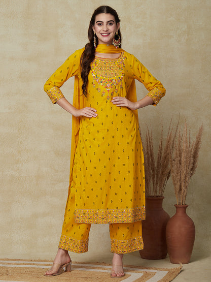 Floral Embroidered Solid Straight Fit Kurta with Pant & Dupatta -Yellow