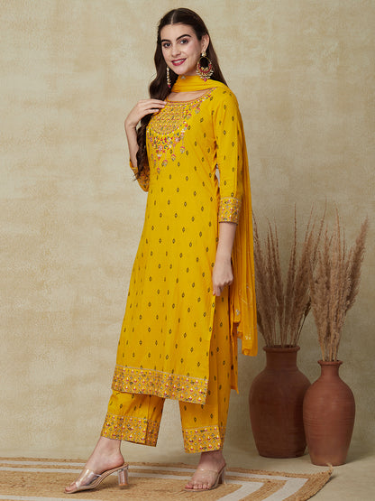 Floral Embroidered Solid Straight Fit Kurta with Pant & Dupatta -Yellow