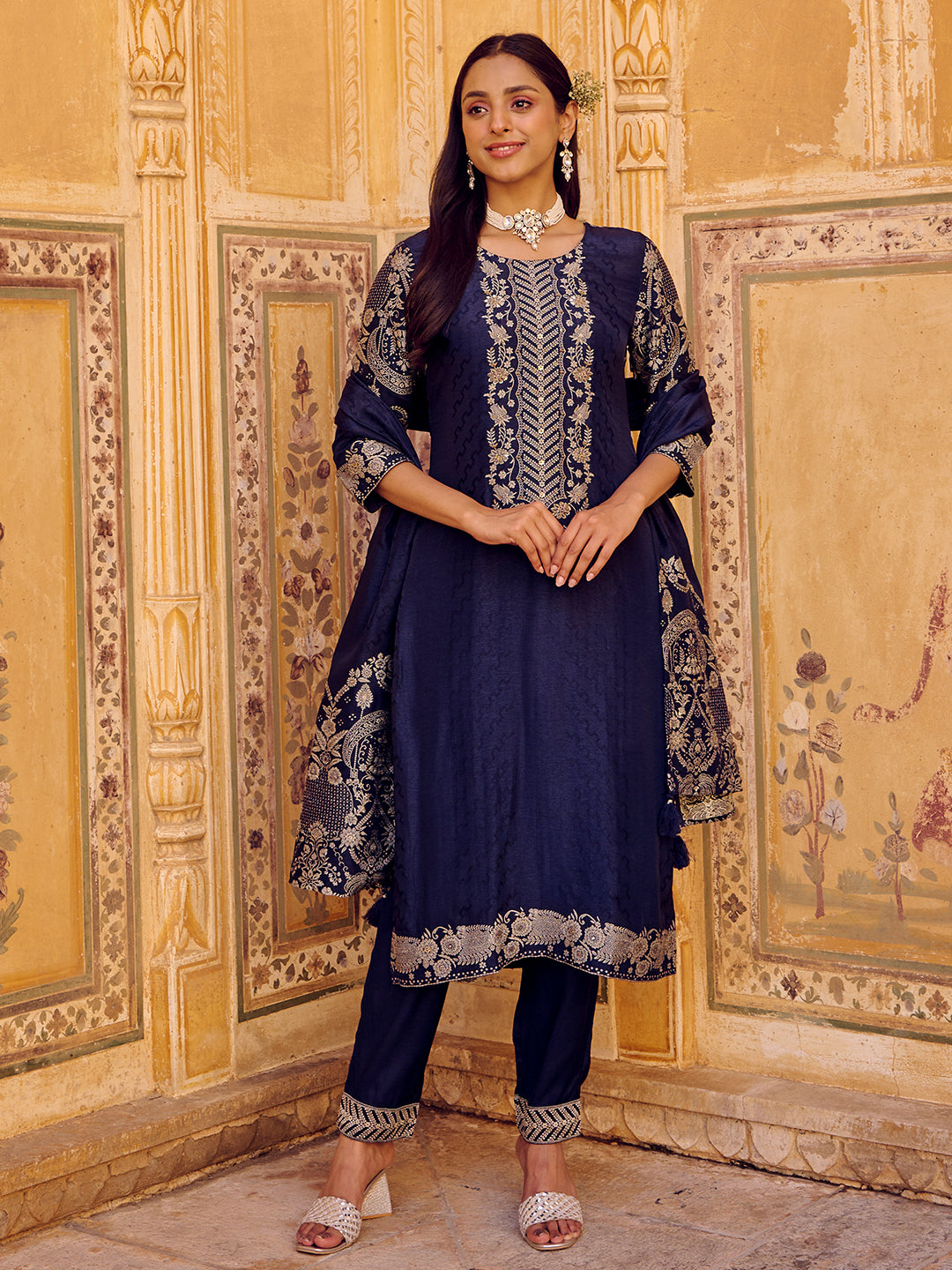 Floral Woven & Embroidered Straight Fit Kurta with Pant & Dupatta - Navy Blue