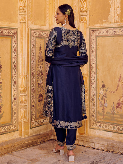 Floral Woven & Embroidered Straight Fit Kurta with Pant & Dupatta - Navy Blue