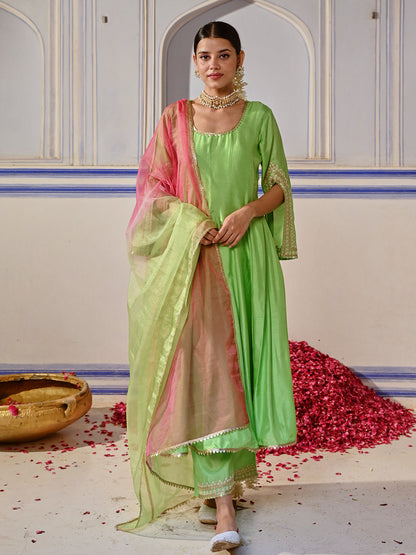 Solid Ethnic Embroidered Anarkali Kurta with Palazzo & Ombre Dupatta - Lime Green