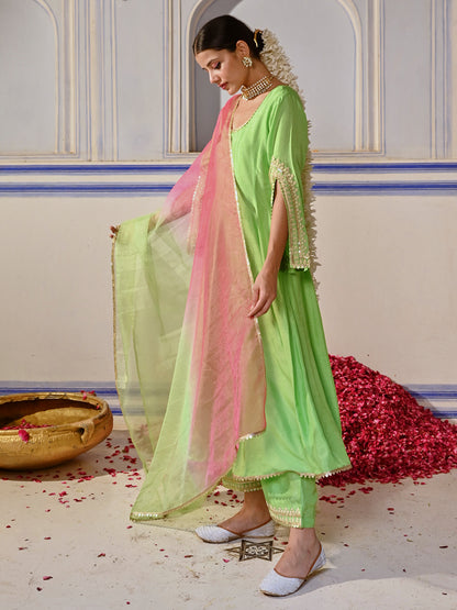 Solid Ethnic Embroidered Anarkali Kurta with Palazzo & Ombre Dupatta - Lime Green