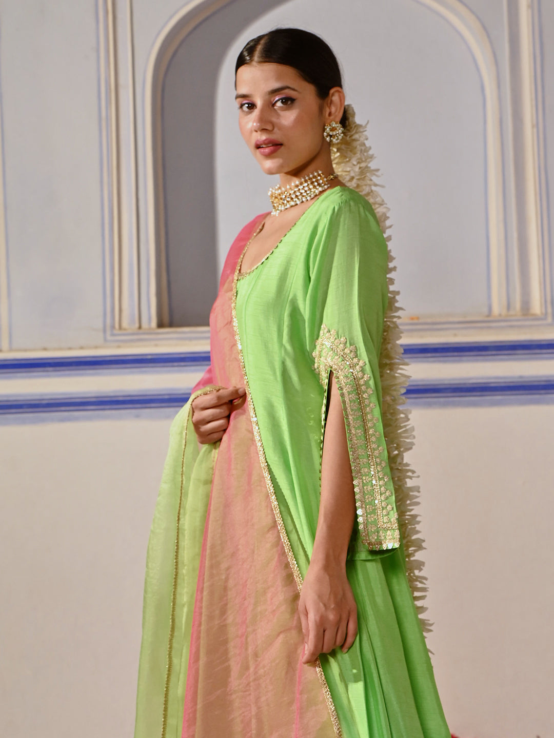 Solid Ethnic Embroidered Anarkali Kurta with Palazzo & Ombre Dupatta - Lime Green