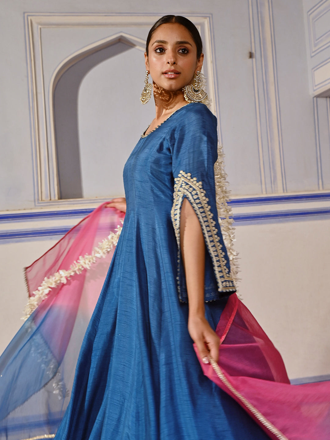 Solid Ethnic Embroidered Anarkali Kurta with Palazzo & Ombre Dupatta - Blue