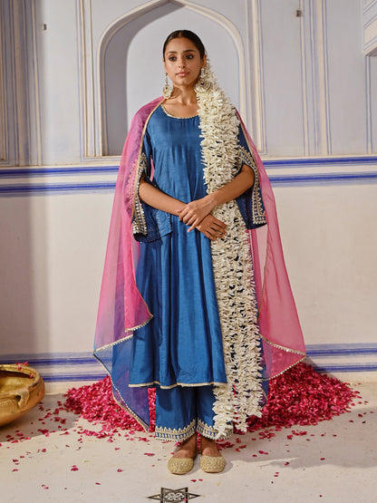 Solid Ethnic Embroidered Anarkali Kurta with Palazzo & Ombre Dupatta - Blue