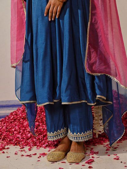 Solid Ethnic Embroidered Anarkali Kurta with Palazzo & Ombre Dupatta - Blue