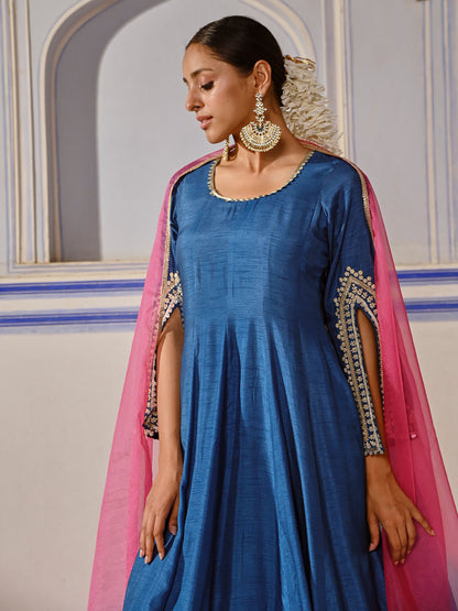 Solid Ethnic Embroidered Anarkali Kurta with Palazzo & Ombre Dupatta - Blue