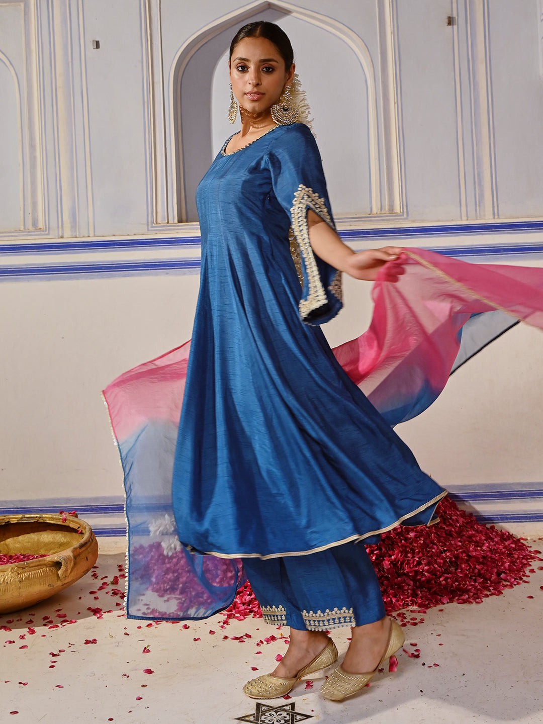 Solid Ethnic Embroidered Anarkali Kurta with Palazzo & Ombre Dupatta - Blue