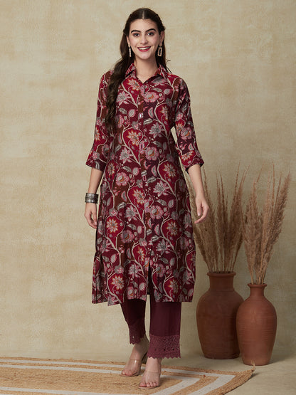 Floral Printed Mirror, Sequins & Beads Embroidered Kurta - Maroon & Magenta