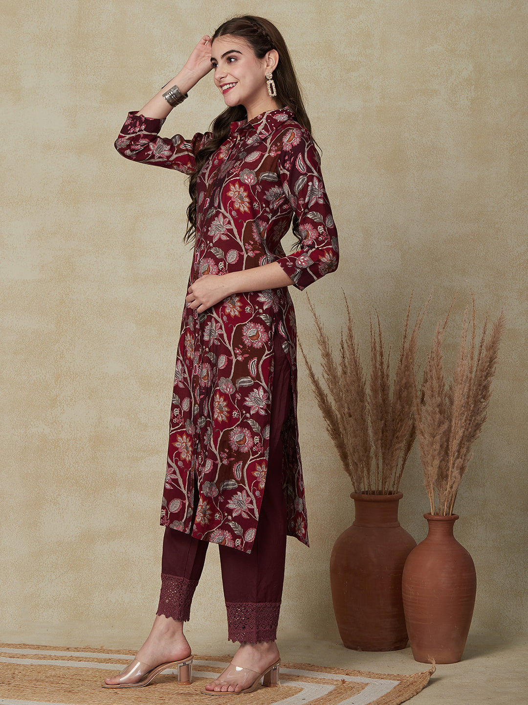 Floral Printed Mirror, Sequins & Beads Embroidered Kurta - Maroon & Magenta