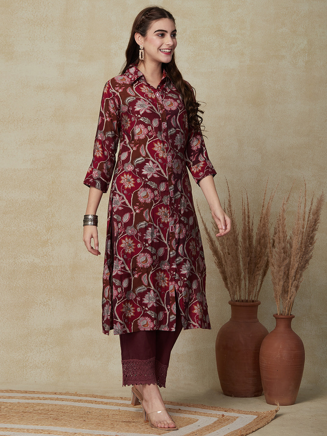 Floral Printed Mirror, Sequins & Beads Embroidered Kurta - Maroon & Magenta