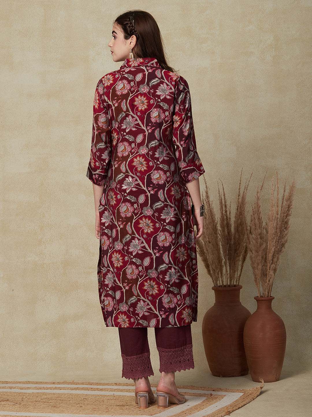 Floral Printed Mirror, Sequins & Beads Embroidered Kurta - Maroon & Magenta