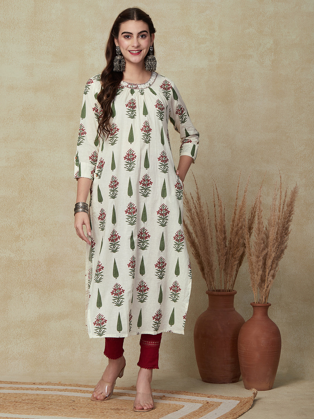 Floral Printed Mirror, Zari & Sequins Embroidered Pleated Yoke Kurta - White