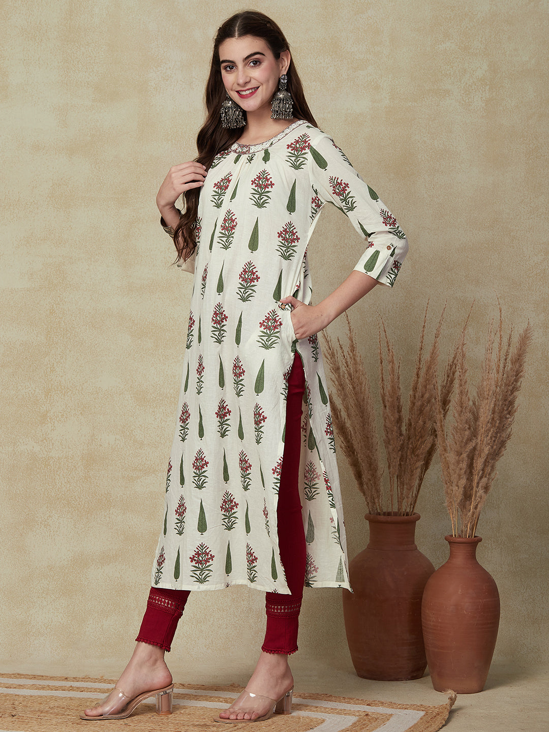 Floral Printed Mirror, Zari & Sequins Embroidered Pleated Yoke Kurta - White