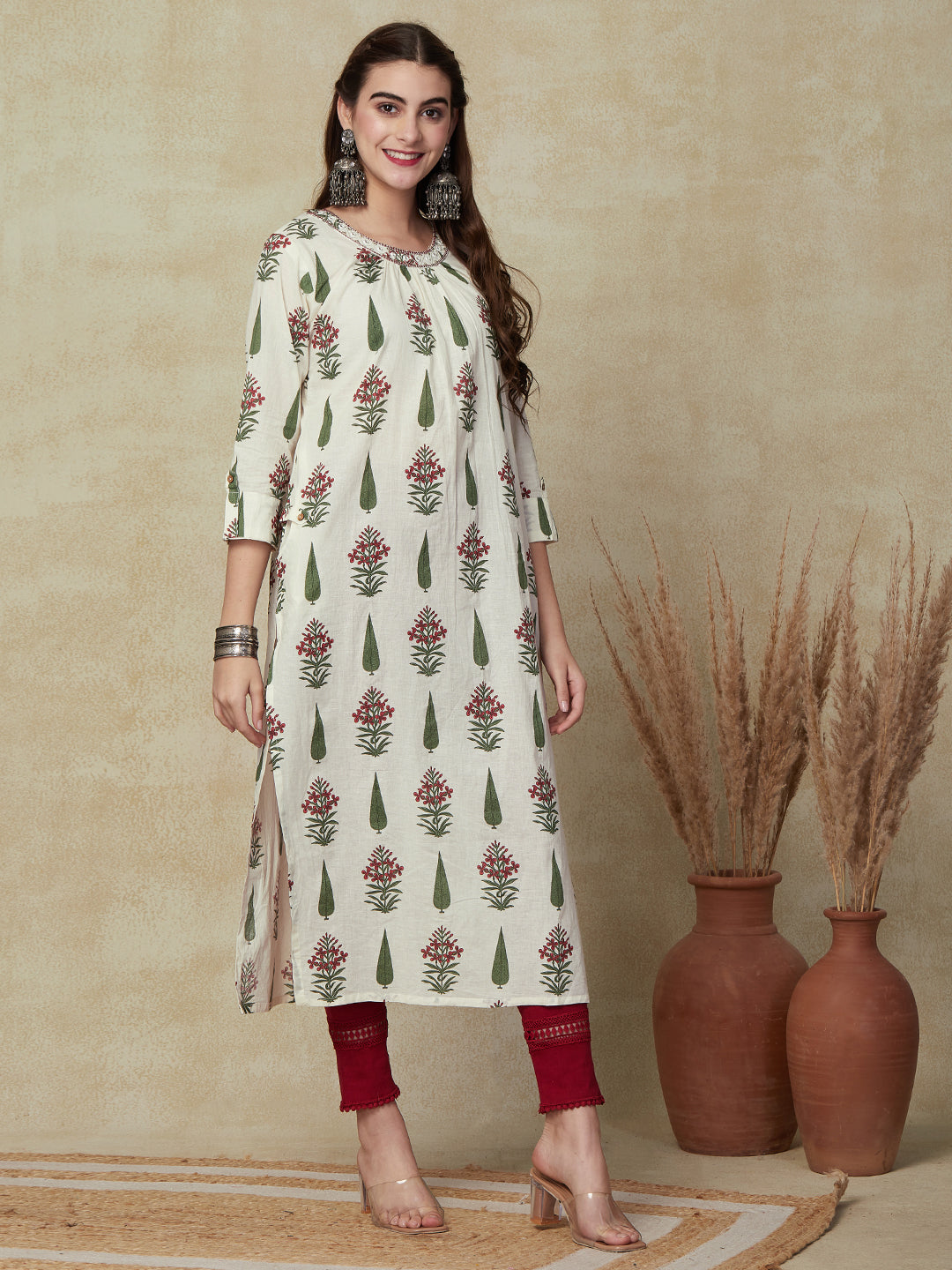 Floral Printed Mirror, Zari & Sequins Embroidered Pleated Yoke Kurta - White