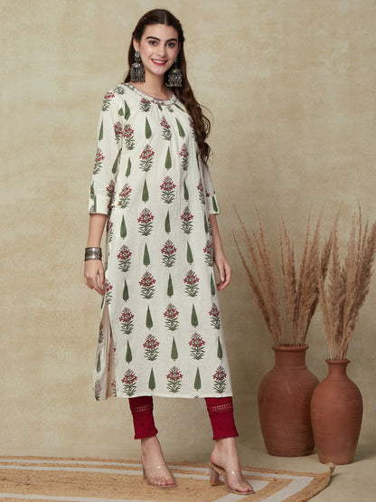 Floral Printed Mirror, Zari & Sequins Embroidered Pleated Yoke Kurta - White