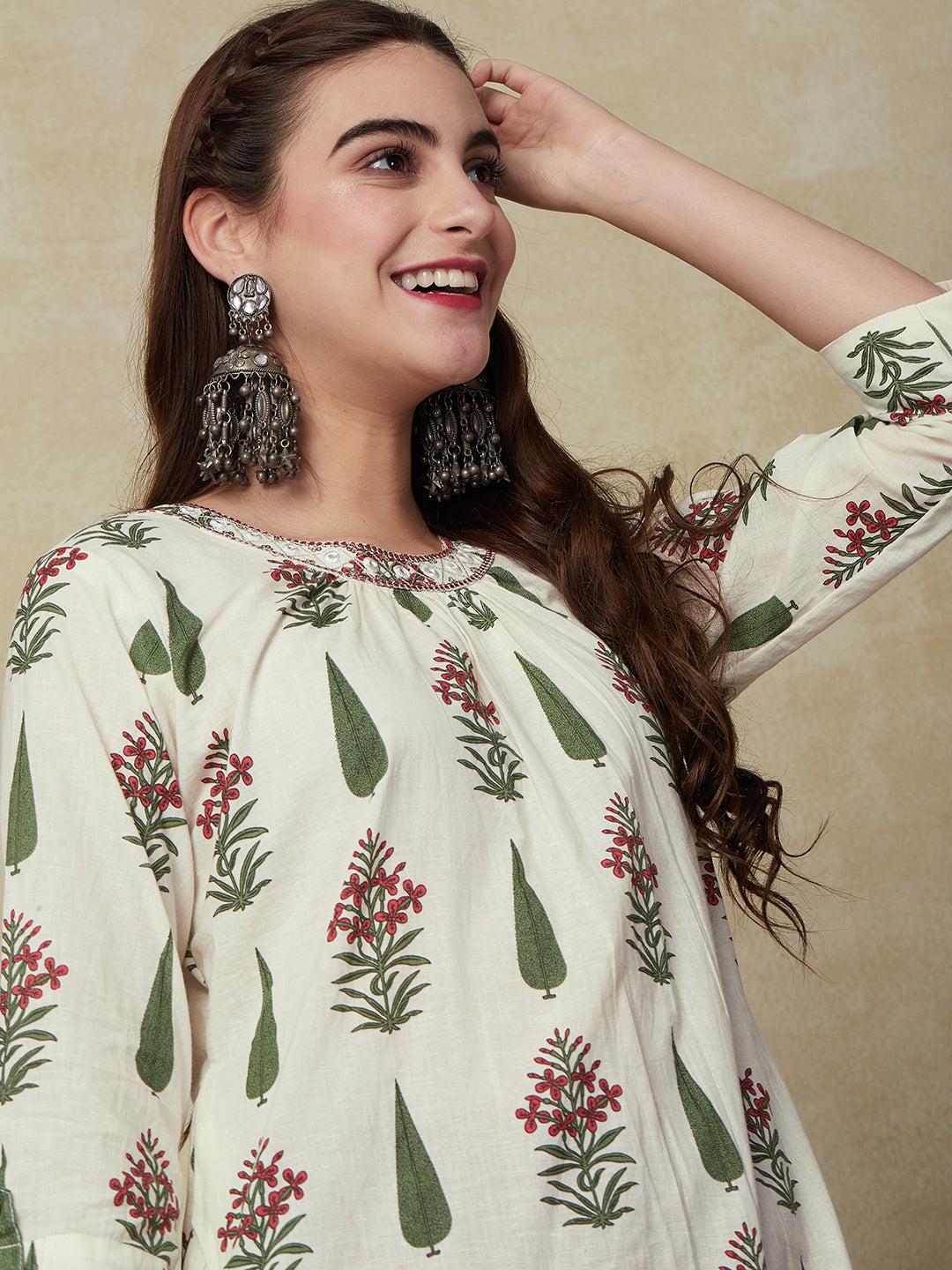 Floral Printed Mirror, Zari & Sequins Embroidered Pleated Yoke Kurta - White