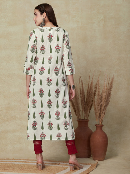 Floral Printed Mirror, Zari & Sequins Embroidered Pleated Yoke Kurta - White