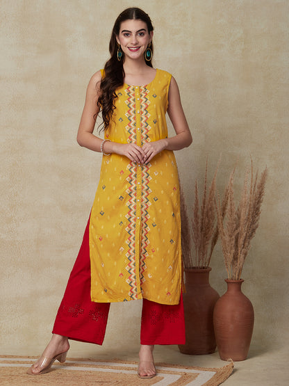 Woven Dobby Design Resham & Zari Cross-Stitch Embroidered Kurta - Yellow