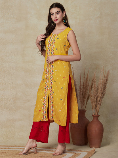 Woven Dobby Design Resham & Zari Cross-Stitch Embroidered Kurta - Yellow