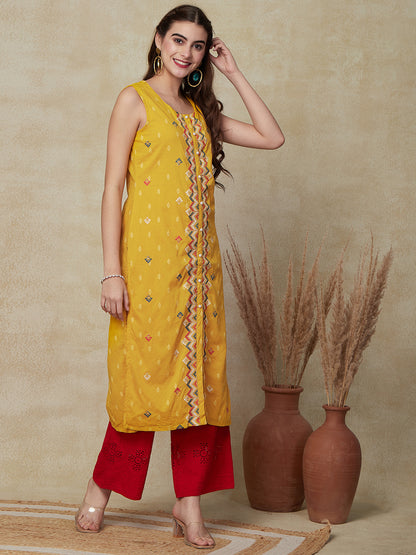 Woven Dobby Design Resham & Zari Cross-Stitch Embroidered Kurta - Yellow