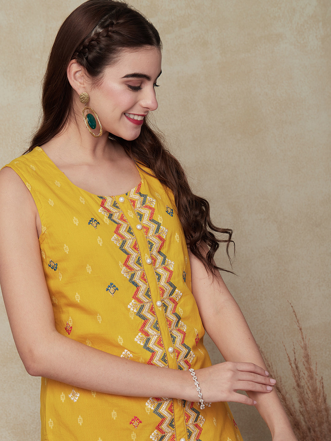 Woven Dobby Design Resham & Zari Cross-Stitch Embroidered Kurta - Yellow