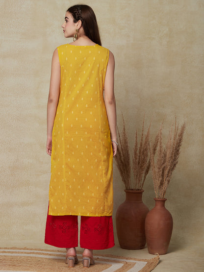 Woven Dobby Design Resham & Zari Cross-Stitch Embroidered Kurta - Yellow