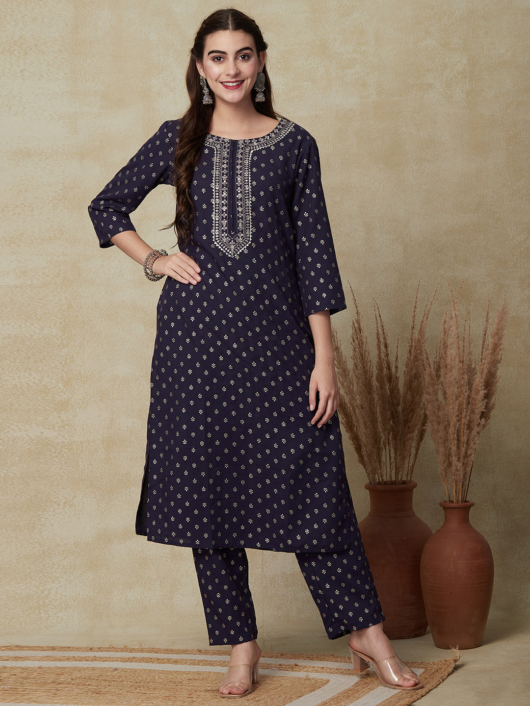 Ethnic Foil Printed Zari & Sequins Embroidered Kurta with Pants - Blue