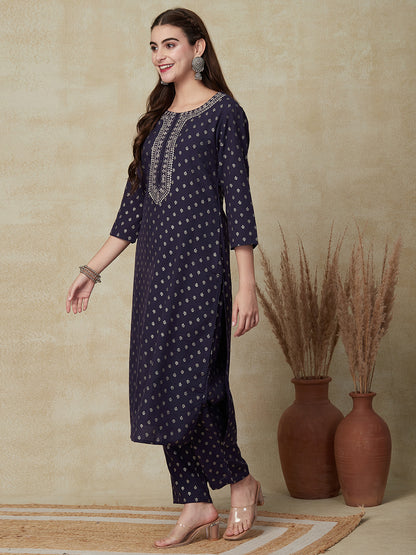 Ethnic Foil Printed Zari & Sequins Embroidered Kurta with Pants - Blue
