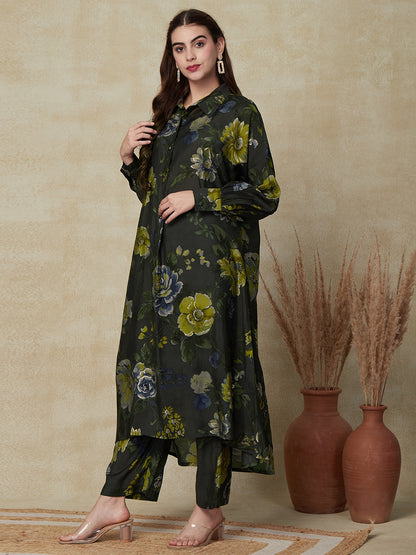 Floral Printed High-Low Hem A-line Kurta with Pants - Grey