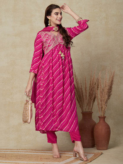 Lehriya Printed Resham & Zari Embroidered Pleated Kurta with Pants & Dupatta - Pink