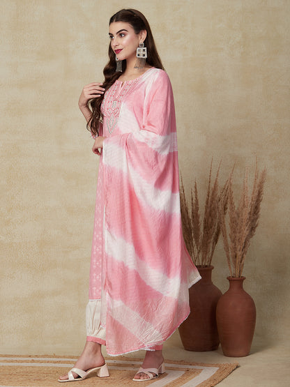 Woven Dobby Design Mirror Embroidered Kurta with Salwar Pants & Dupatta - Pink