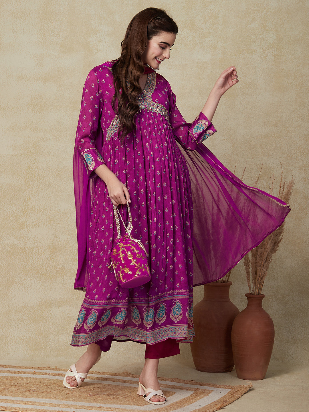 Floral Printed Sequins & Beads Embroidered Pleated Kurta with Pants & Dupatta - Magenta