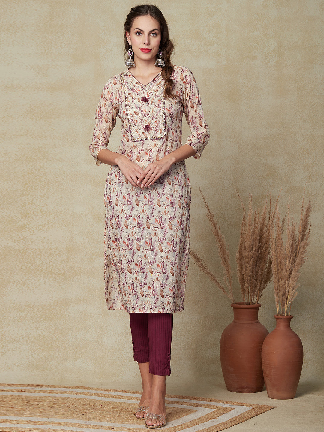 Floral Printed Zari & Sequins Embroidered Lace Work Kurta - Cream