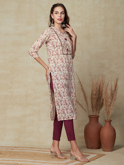 Floral Printed Zari & Sequins Embroidered Lace Work Kurta - Cream