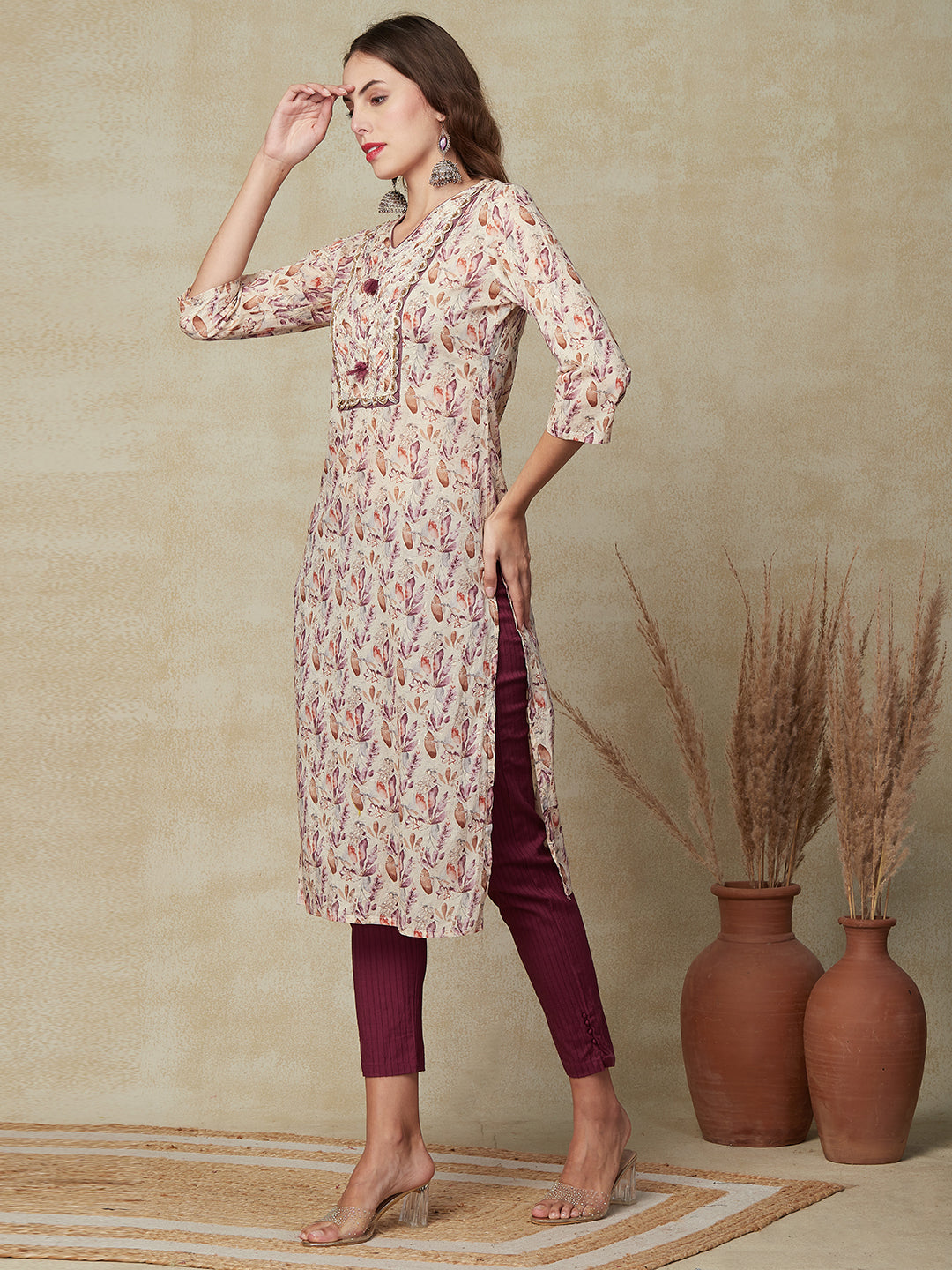 Floral Printed Zari & Sequins Embroidered Lace Work Kurta - Cream