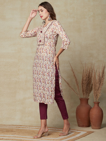 Floral Printed Zari & Sequins Embroidered Lace Work Kurta - Cream