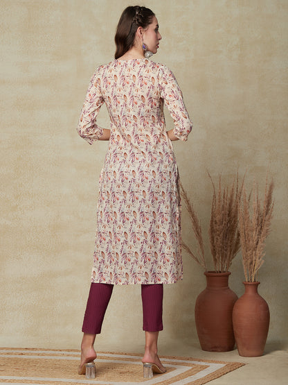 Floral Printed Zari & Sequins Embroidered Lace Work Kurta - Cream