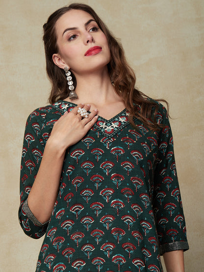 Ethnic Printed Mirror, Resham & Sequins Embroidered Kurta - Green