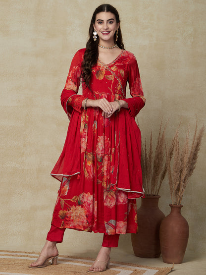 Floral Printed Beads Aari Embroidered Pleated Kurta with Pants & Dupatta - Red