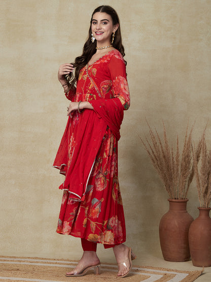 Floral Printed Beads Aari Embroidered Pleated Kurta with Pants & Dupatta - Red