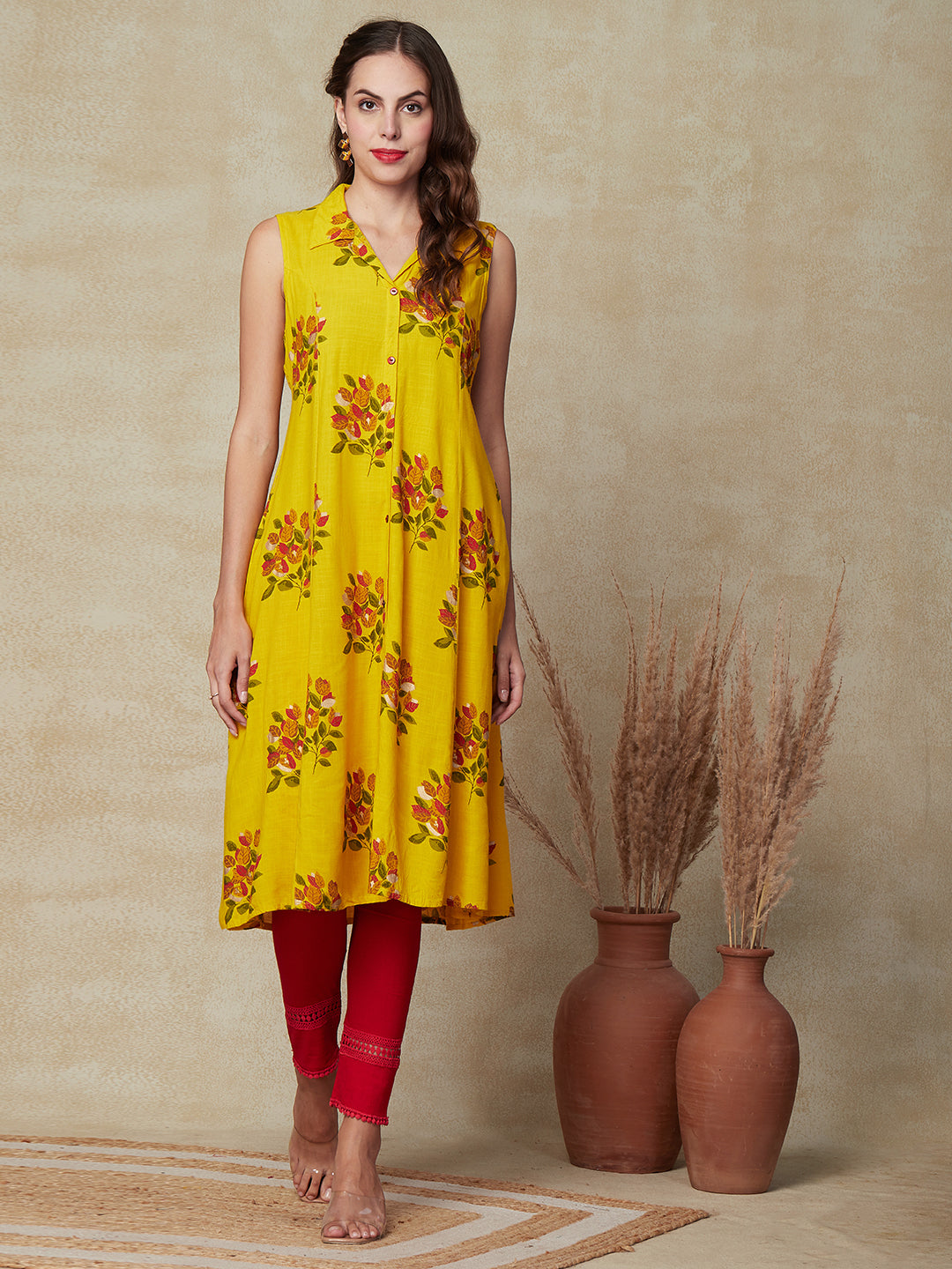 Floral Printed Paneled A-line Midi Dress - Yellow