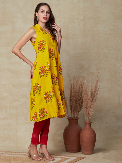 Floral Printed Paneled A-line Midi Dress - Yellow