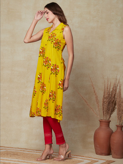 Floral Printed Paneled A-line Midi Dress - Yellow